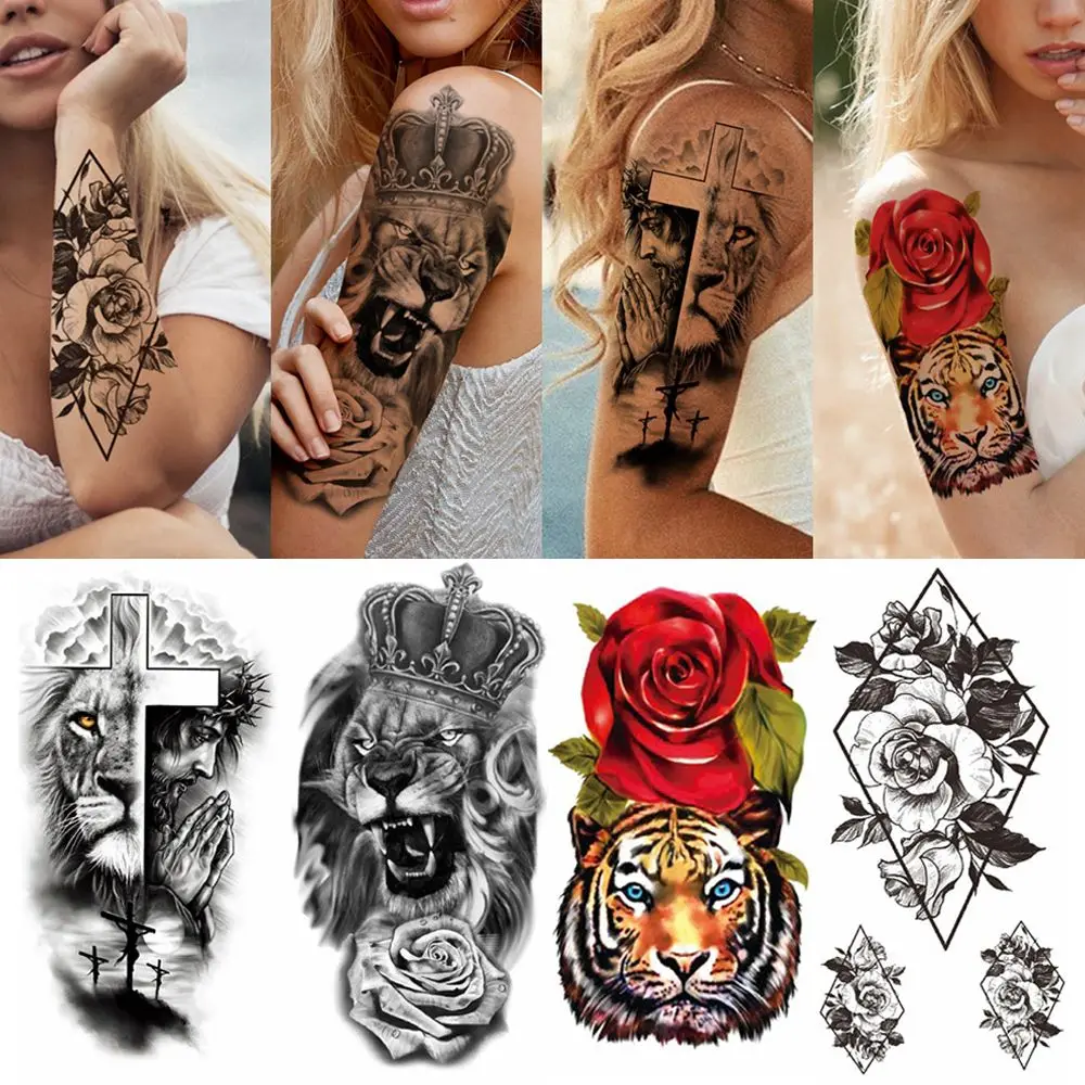 Temporary Tattoos Stickers Women Men 3D Pirate Captain Lion Warrior Evil Joker Gangster Rose Flower Cross Long-lasting Tattoos