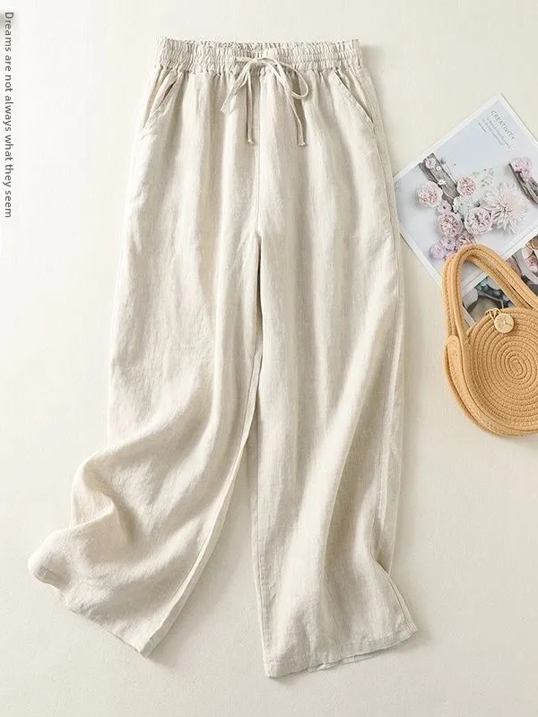 

Loose Cotton Linen Straight Leg Casual Pants Women Summer Fashionable Pure Color Elastic Waist Comfortable Breathable Trousers