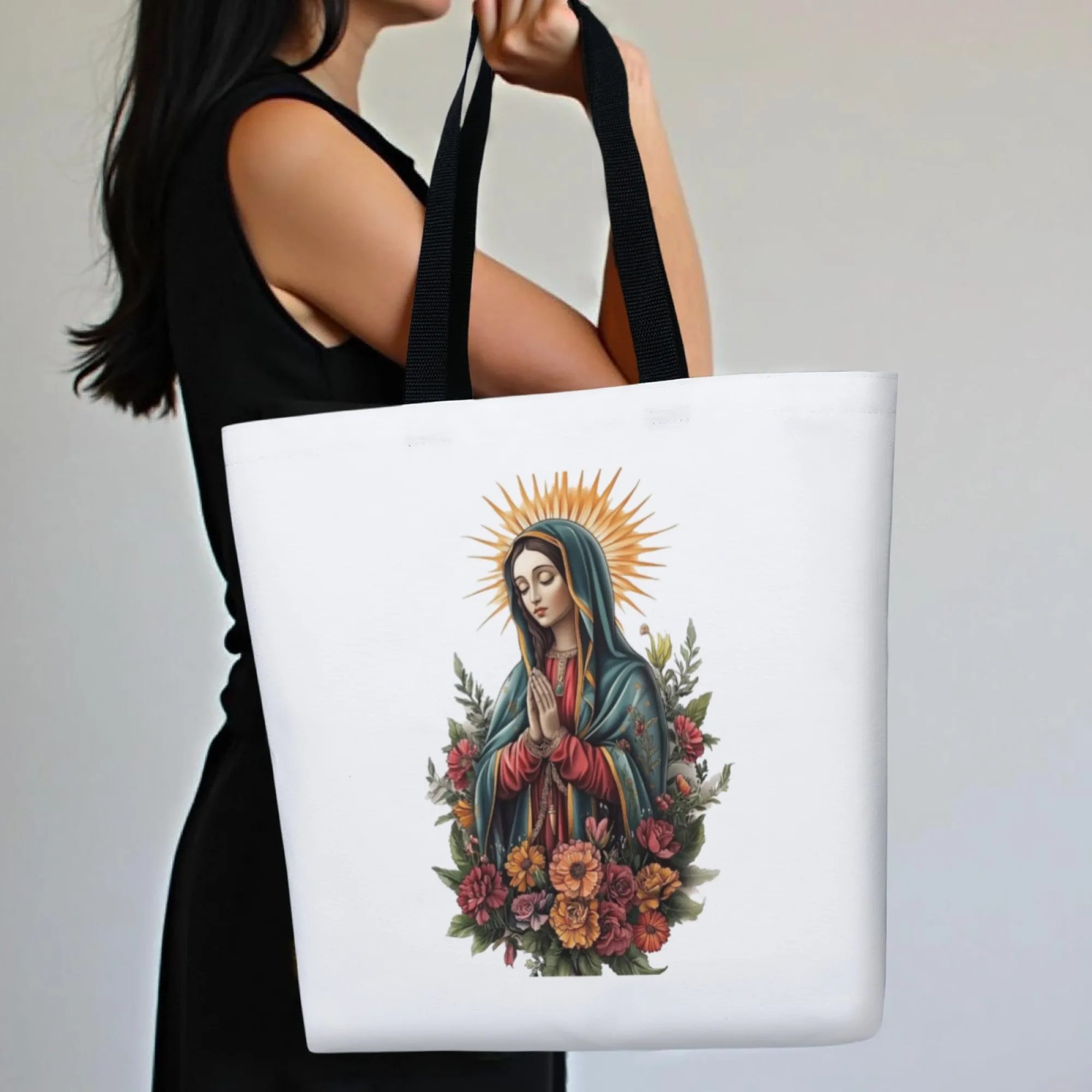 

Our Lady of Guadalupe Inspire Theme Tote Bag Floral Pattern Canvas Reusable Shoulder Bag Great Gift for Religious & Faith Lovers
