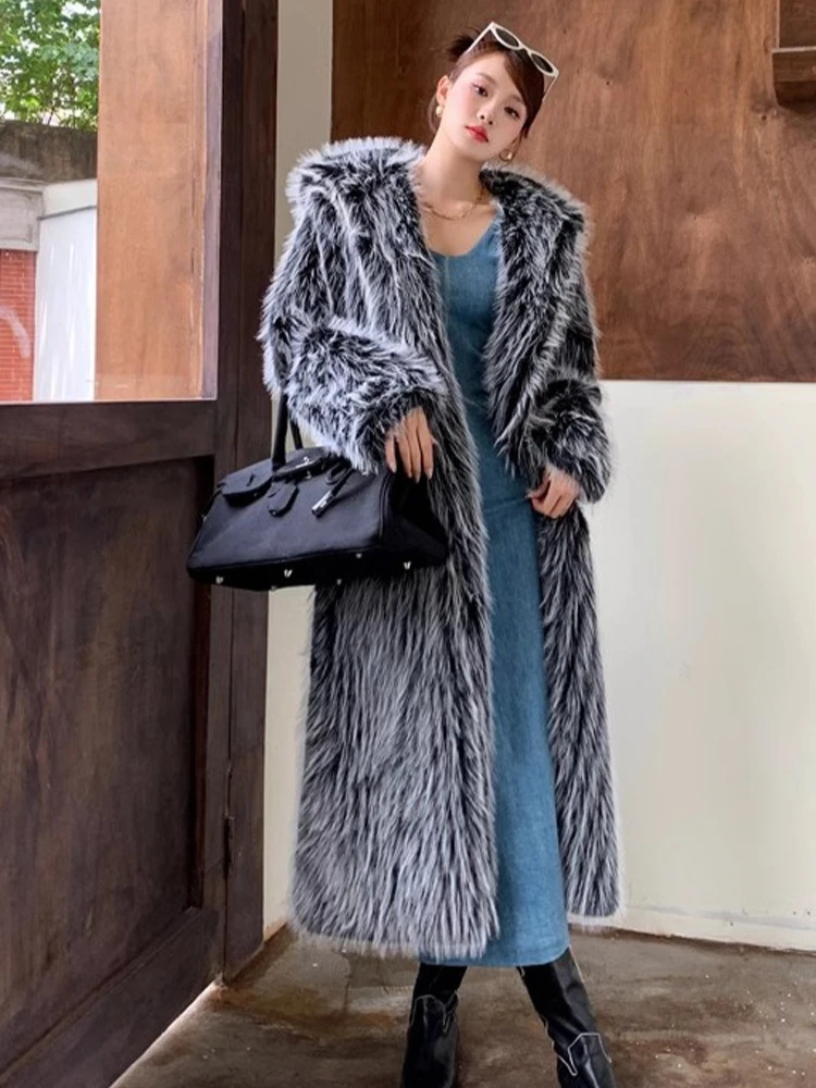 Women's Fall/Winter Cat Ear Hooded Fluffy Black White Fur Jacket Faux Wool Knee-length Long Warm Coat Long Trench Coat Cardigan