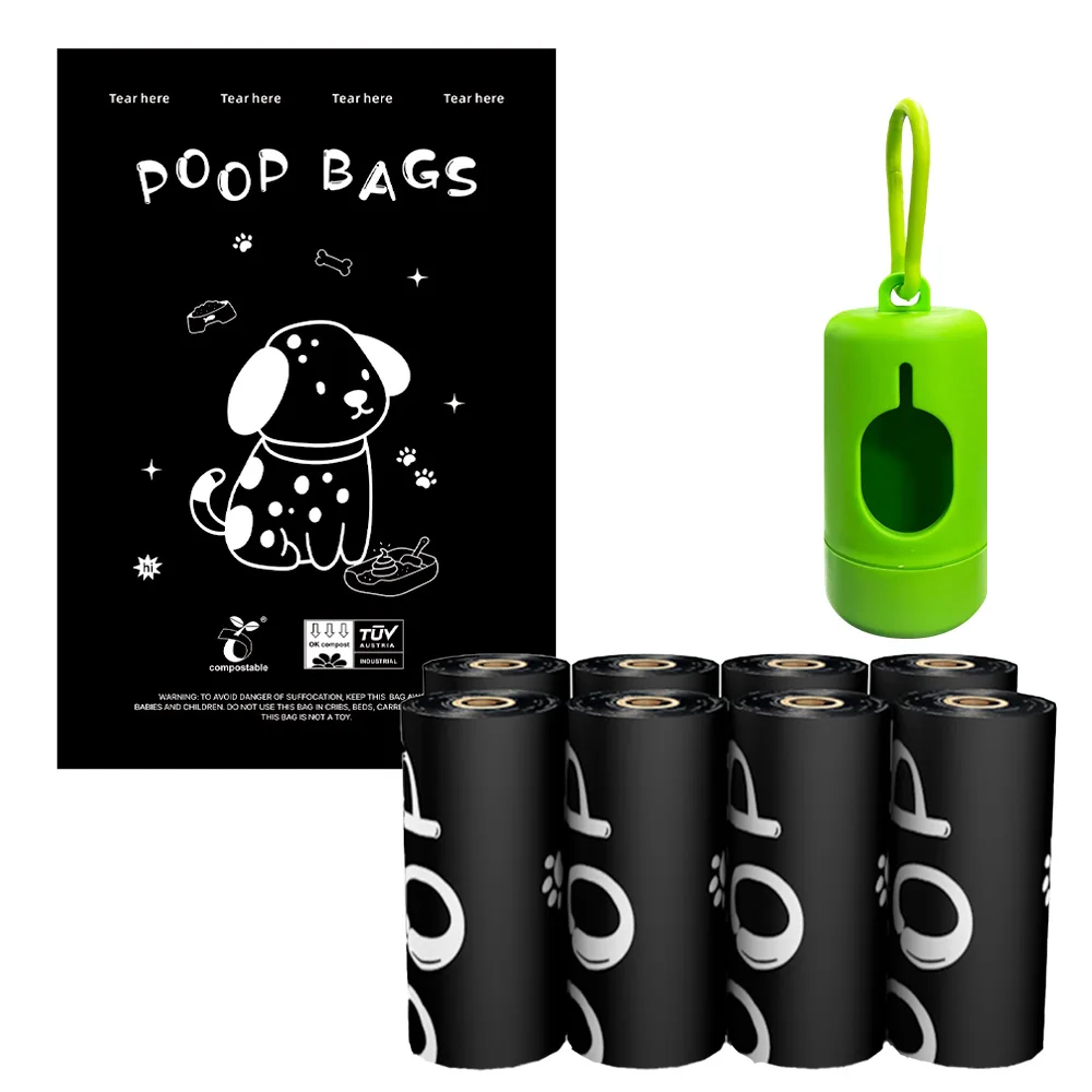 Bolsa de basura para perros compostable certificada, gruesa, a prueba de fugas, portátil, biodegradable, bolsa de basura para estiércol para mascotas con dispensador