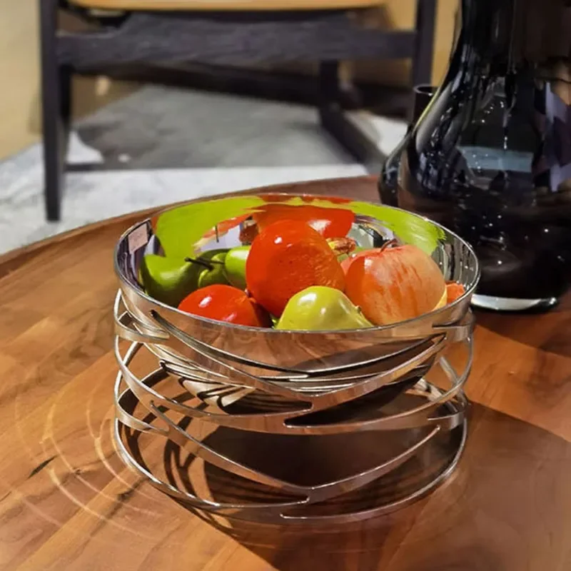 Modern Stainless Steel Fruit Plate Round Hollow Design for Living Room Dining Table Coffee Table Home Decorative Tray