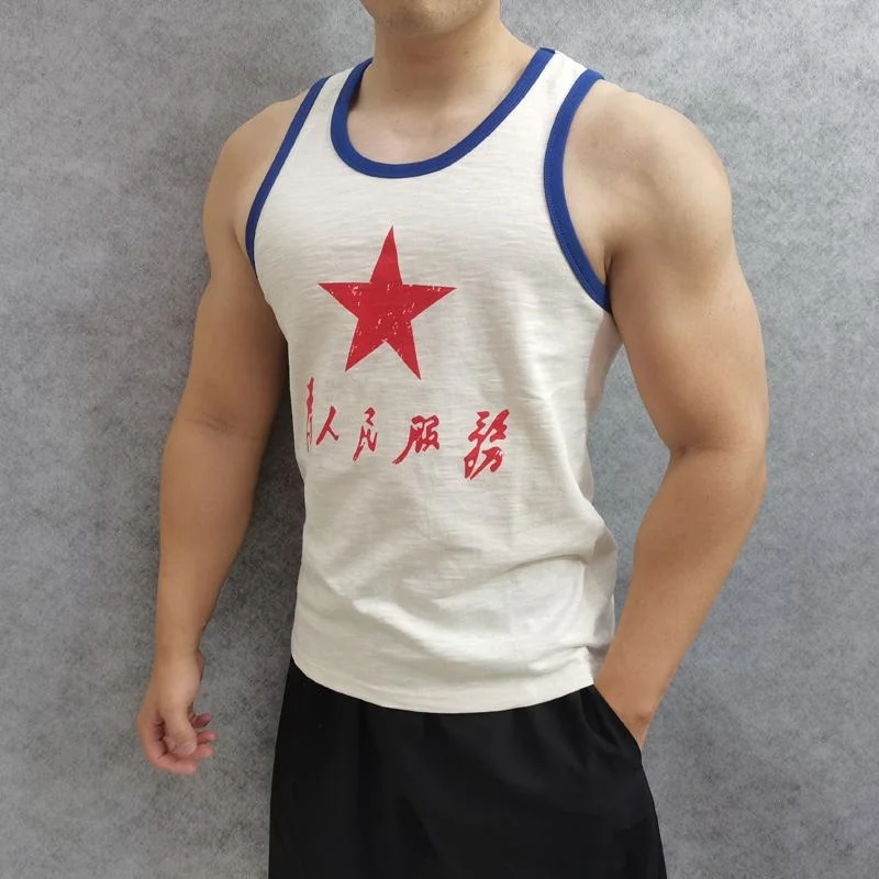 Retro Muscle Shark 230g Cotton Patriotic Sea Soul Shirt Vest National Goods Sports Khaki Youth Popular Standard Fit Printed Vest