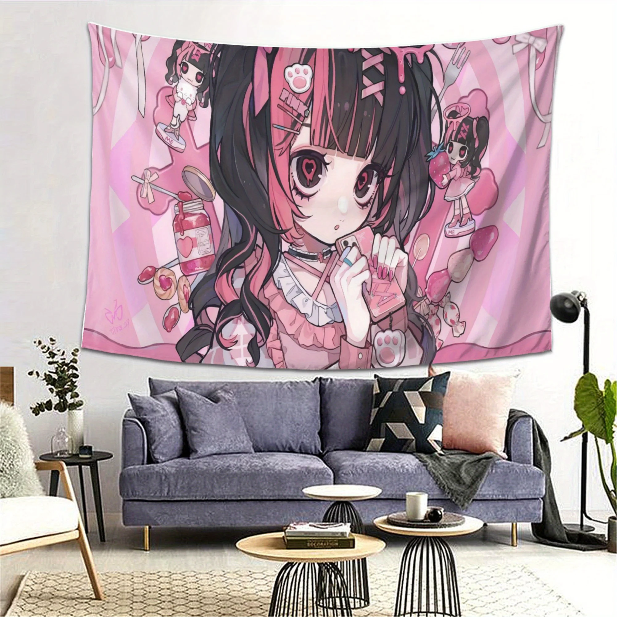 Cute Anime Girl with Pink And Black Hair Print Design Tapestry for Living Room Bedroom Office Home Decor And Party Wall Hanging