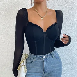 Women's Deep V Neck Sheer Mesh Long Sleeve Cut Out Skinny Bodysuit Top