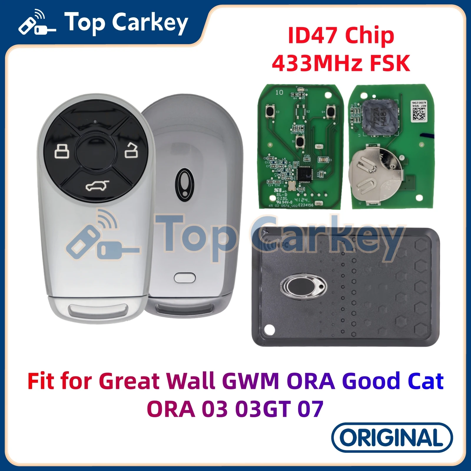 

TopCarkey Original Smart Remote Key NFC Card ID47/4A Chip 433MHz for Great Wall GWM ORA Good Cat ORA 03 03GT 07