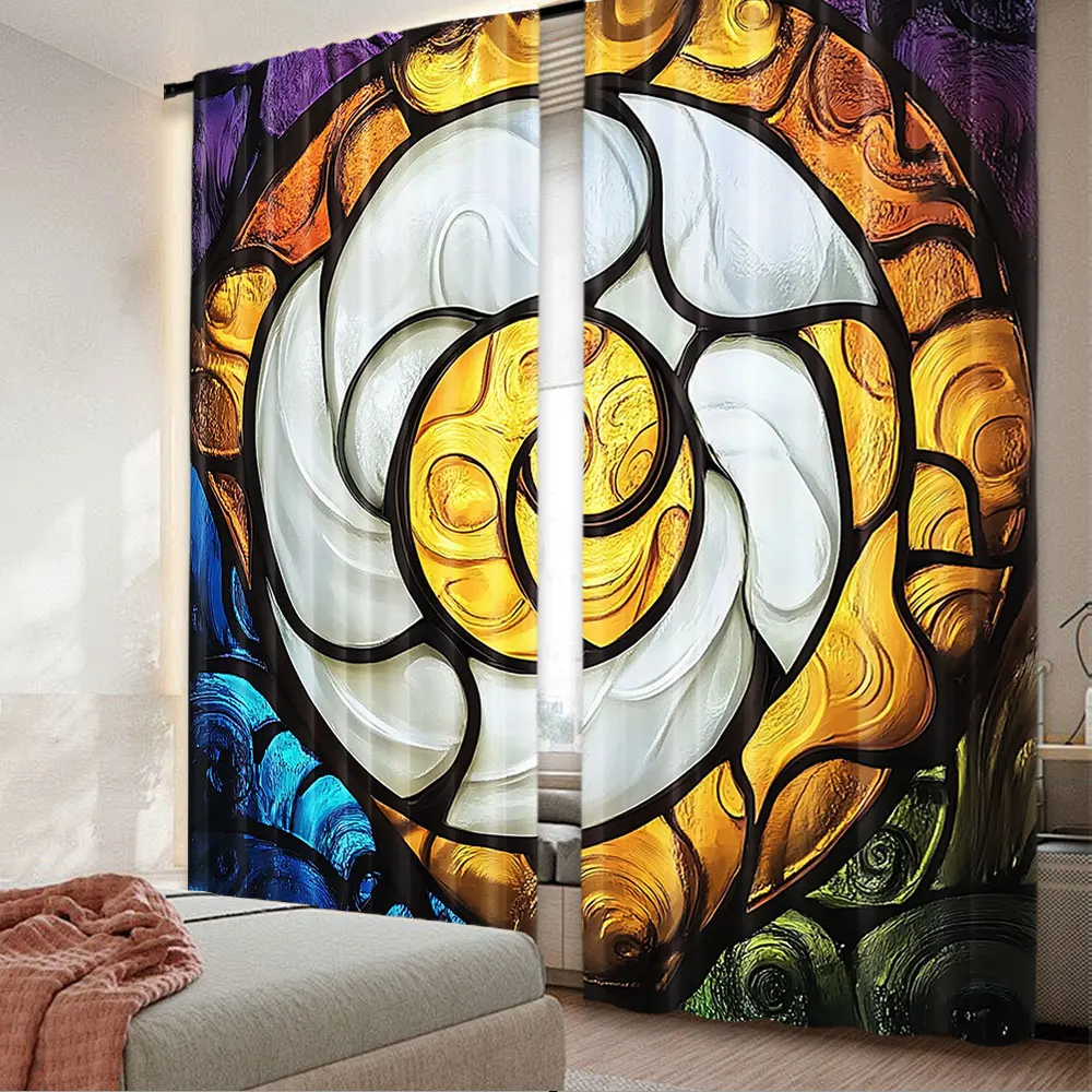 2Pcs Colorful Curtain Pop Style Funky Unusual Stained Glass Window Thai Art Traditional Image Suitable For Bedroom Bathroom