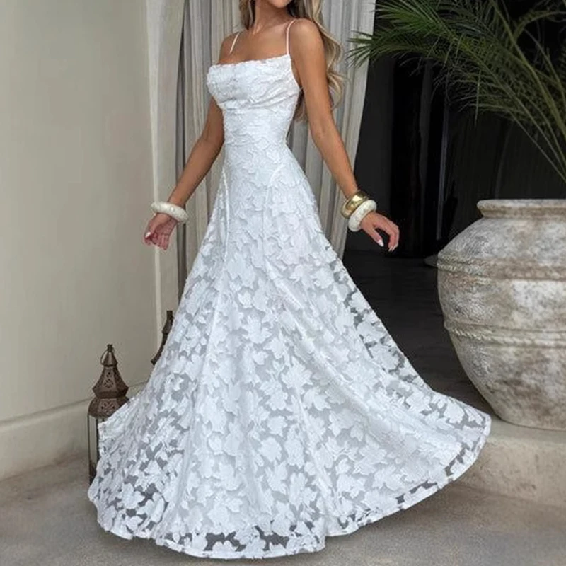 Boho New Sexy Sleeveless Backless Dress Elegant Jacquard Crochet Lace Prom Dresses Summer Solid Slash Neck Embroidery Long Dress