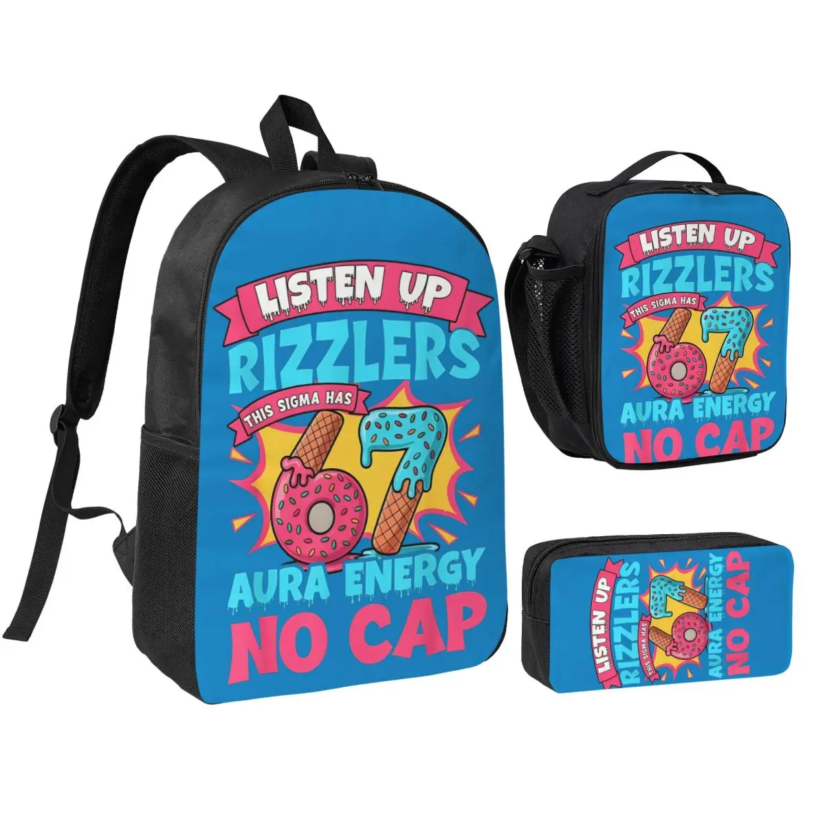 3pecs/set Listen Up Rizzlers This Sigma Has 67 Aura Energy Gen Alpha Backpack High-capacity Canvas Bags Lunch bag Pencil Case