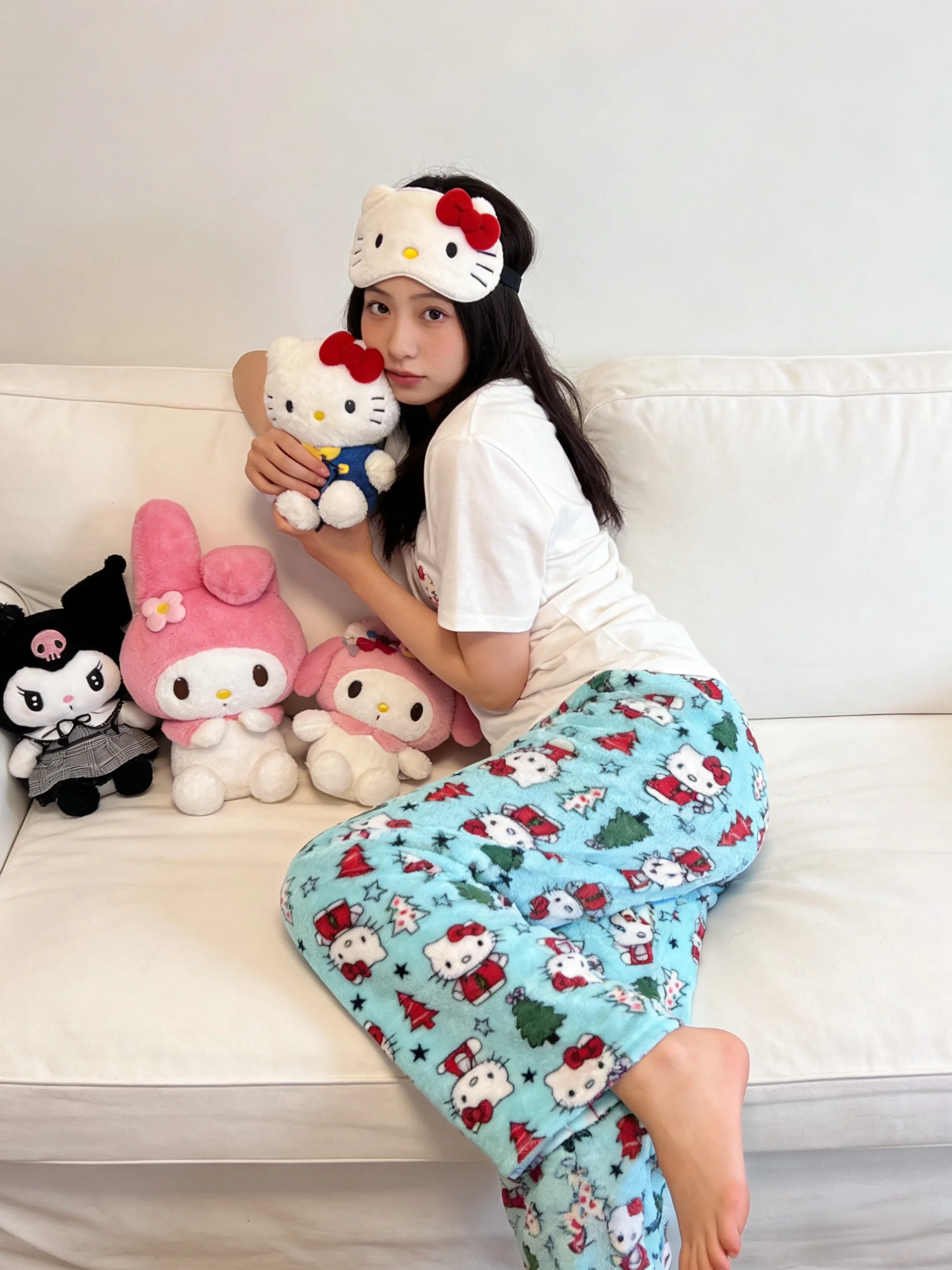 Hello Kitty Christmas Collection: Flannel Sleep Pants, Blue Warm Lounge Pants for Couples, Party Outfits! Perfect Holiday Gifts!