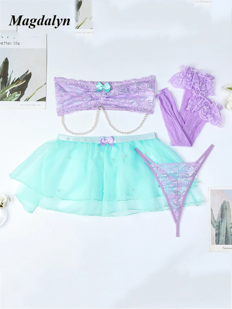 

MagdalynWomen Pearl Contrast Lingerie Set Fasion Strapless Underwear Sexy Tube Top Erotic Lingerie Mesh Short Skirt Stocking Set