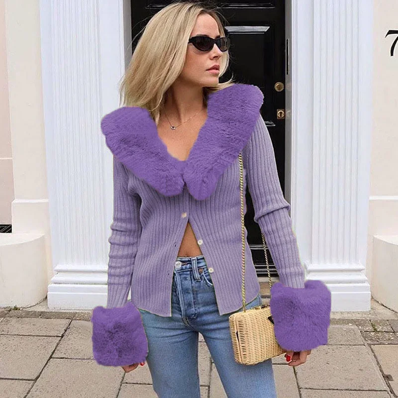 

Knit Coat with Fur Collar Tops Women Autumn Winter Faux Fur Patchwork Slim Jackets Oversize Knitted Coat Warm Outerwear Y2K