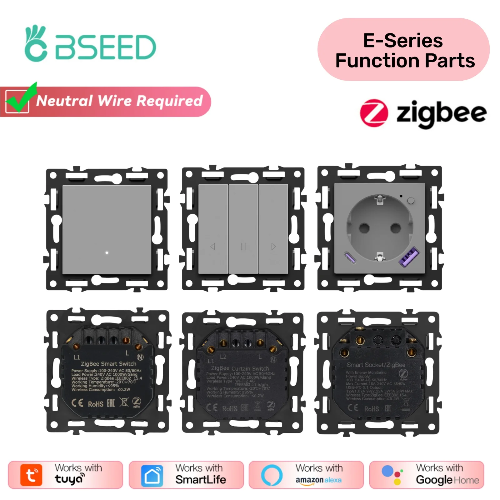 BSEED E-Series 1/2/3/4Gang Zigbee Switch Parts Smart Dimmer Curtain Switch APP Control Function DIY Part EU Smart Socket Grey