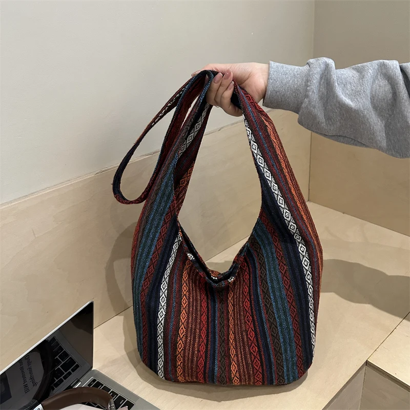 

Ethnic Striped Woven Shoulder Bag Bohemian Large Hobo Tote Retro Casual Daily Commute Versatile Fashion Crossbody Purse