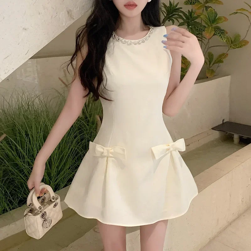 Fashionable Korean Version Slimming and Versatile Bow Tie Sleeveless Vest Dress with Diamond Studded A-line Women's Clothing