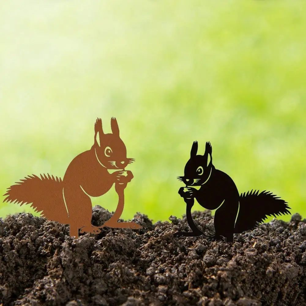 1pc Rust Black Metal Squirrel Statue Hollow Forged Iron Garden Yard Patio Decor Gift