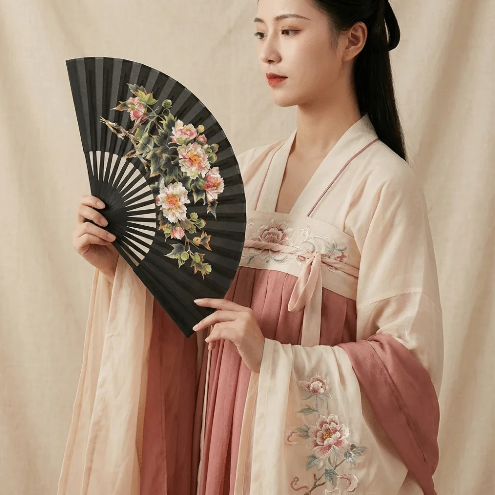 Portable Chinese Style Folding Handheld Fan Handmade Silk Cloth Hand Fans Exquisite Flower Pattern Dance Fan Art Fans