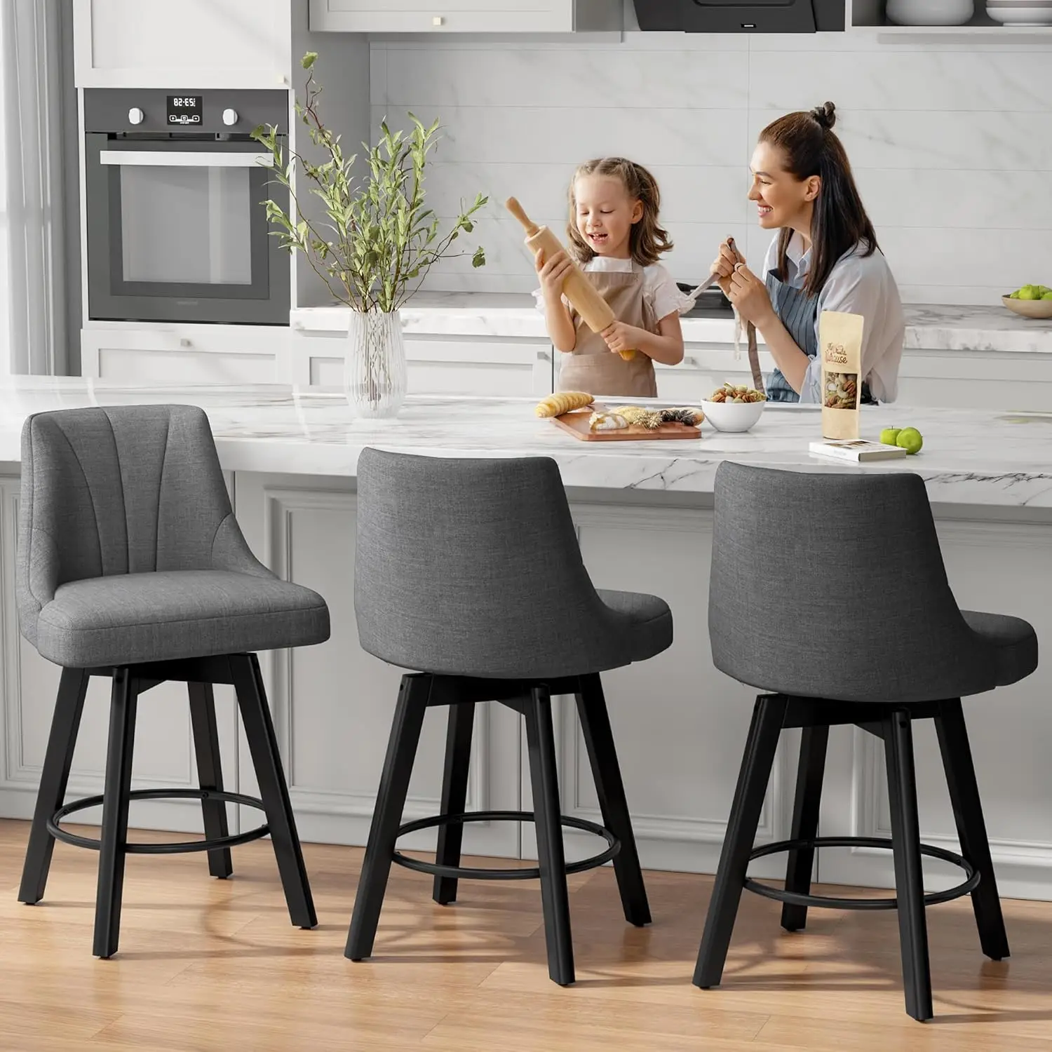 مقعد مرتفع دوار بارتفاع عداد، مجموعة مقاعد للبار من القماش المنجد مقاس 24 بوصة مكونة من 3 قطع، كرسي مقعد مضاد مع ظهر وأرجل من الخشب الصلب