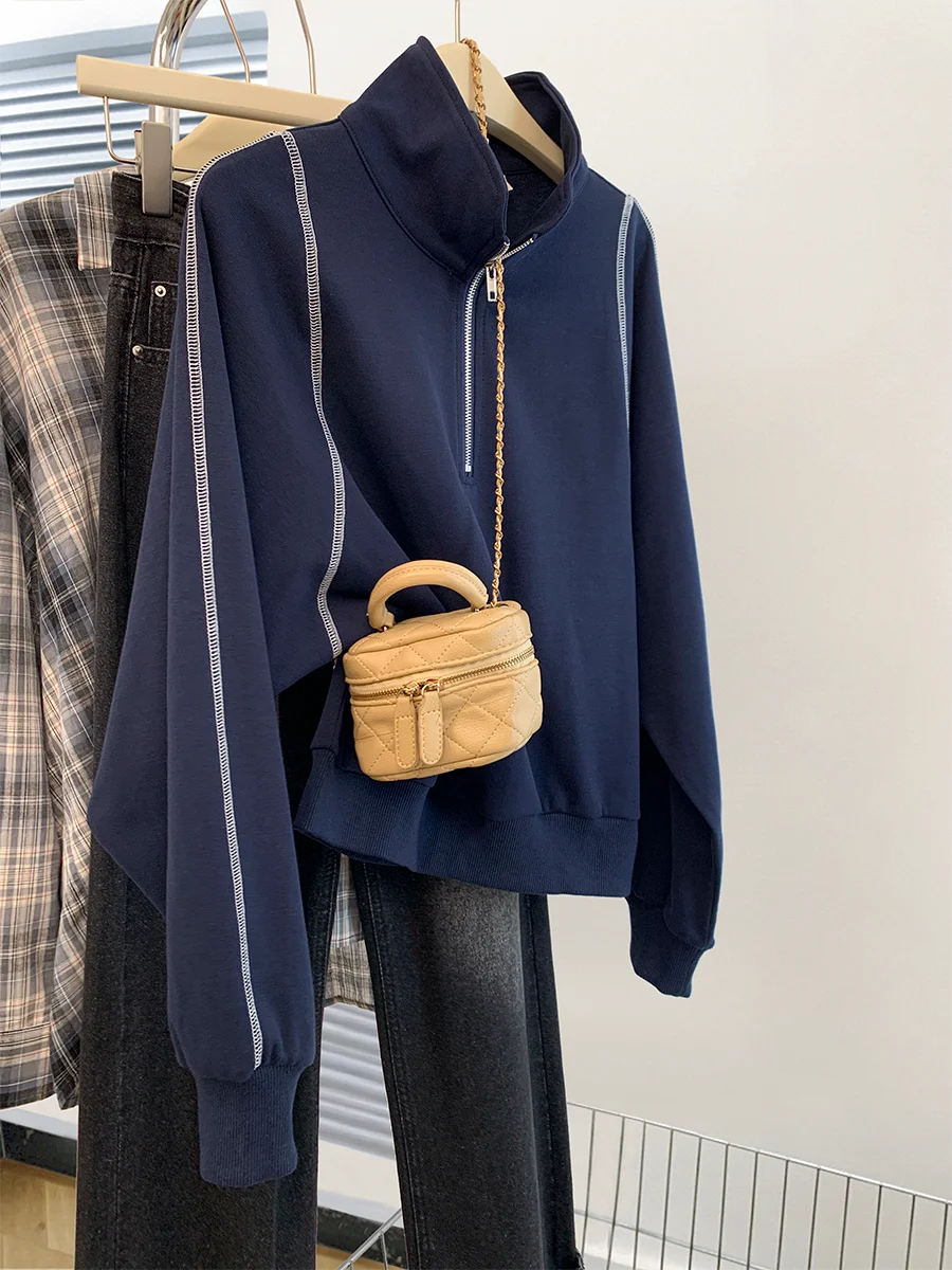 

Extra Large 300 Pounds Tibetan Blue Long Sleeve Hoodie Women Spring Autumn Design Collar Zipper Jacket Trendy Oversized Fit