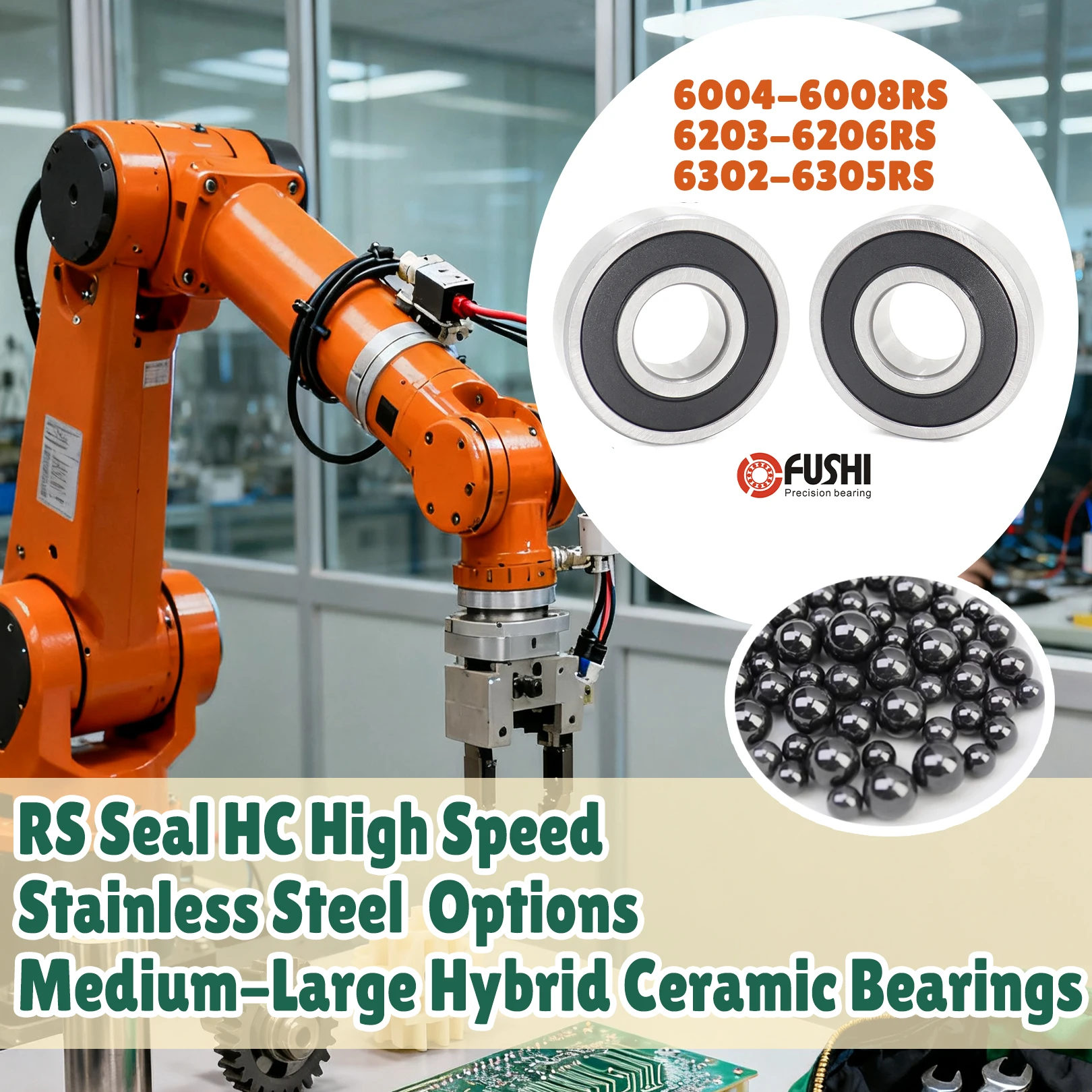 1PC HC 2RS 6004RS 6005 6006 6007 6008 6203 6204 6205 6206 6302 6303 6304 6305RS Hybrid Ceramic Bearings Chrome/Stainless Steel