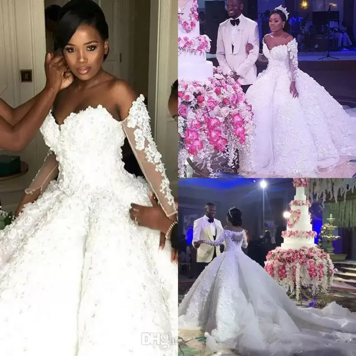 

Customized Plus Size Wedding Dresses Off The Shoulder 3D Lace Applique Beaded Bridal Dress Dubai African Crystal Long Sleeve Wed