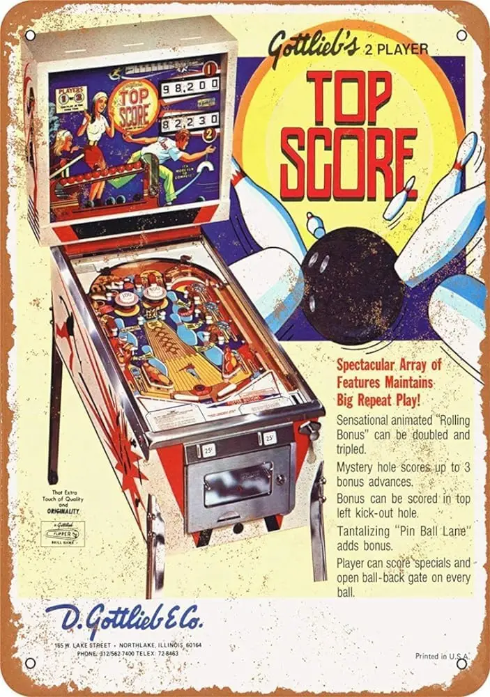 1975 Top Score Pinball Machine Metal Sign Great Aluminum Tin Sign es, TinSignEUa66885-aluminum