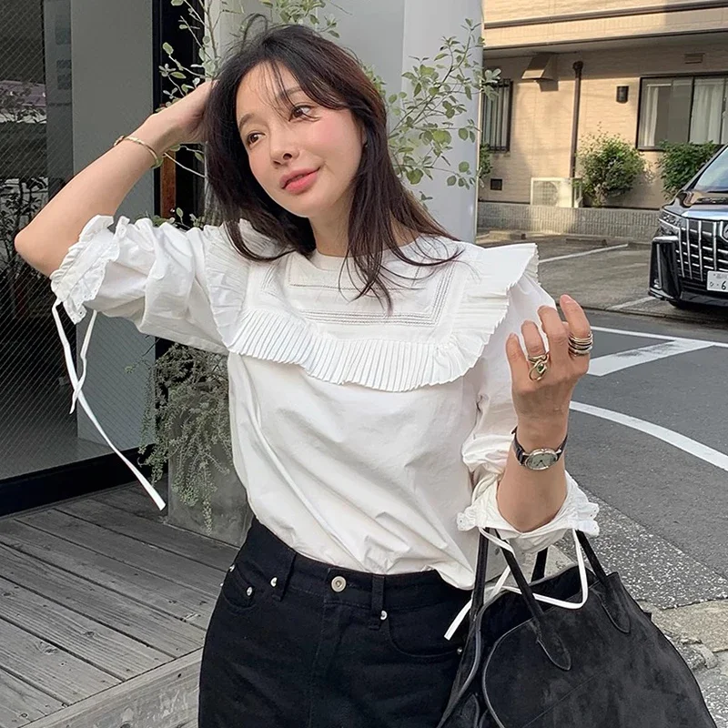 Pleated Lager Lapel Shirts Blouses Lace Up Long Sleeve Blusas Mujer Loose Camisas Korean Chic Ropa Spring Womens Clothing