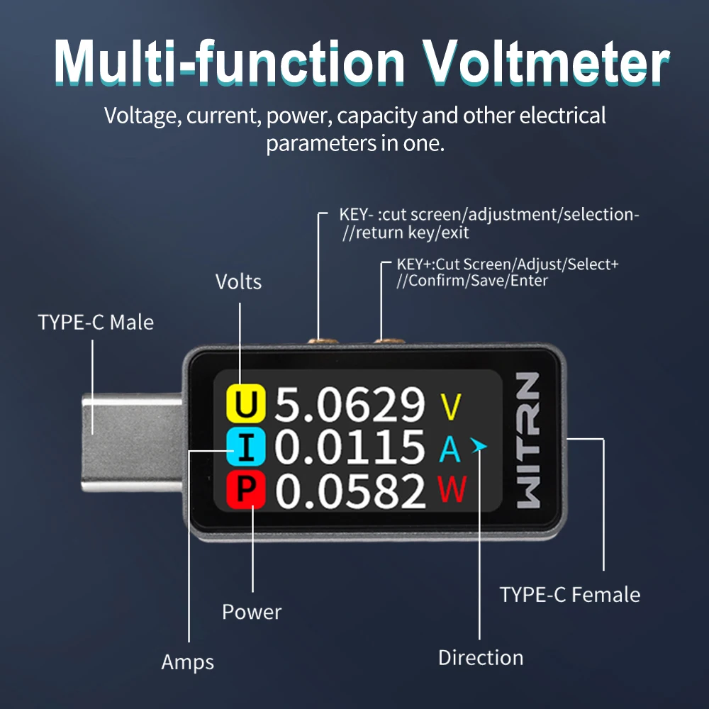 0.96inch Color IPS Multi-function Voltage Ammeter Power Meter Type-C Phone Charging Tester Bidirectional Current DC 4~28V 0~6A