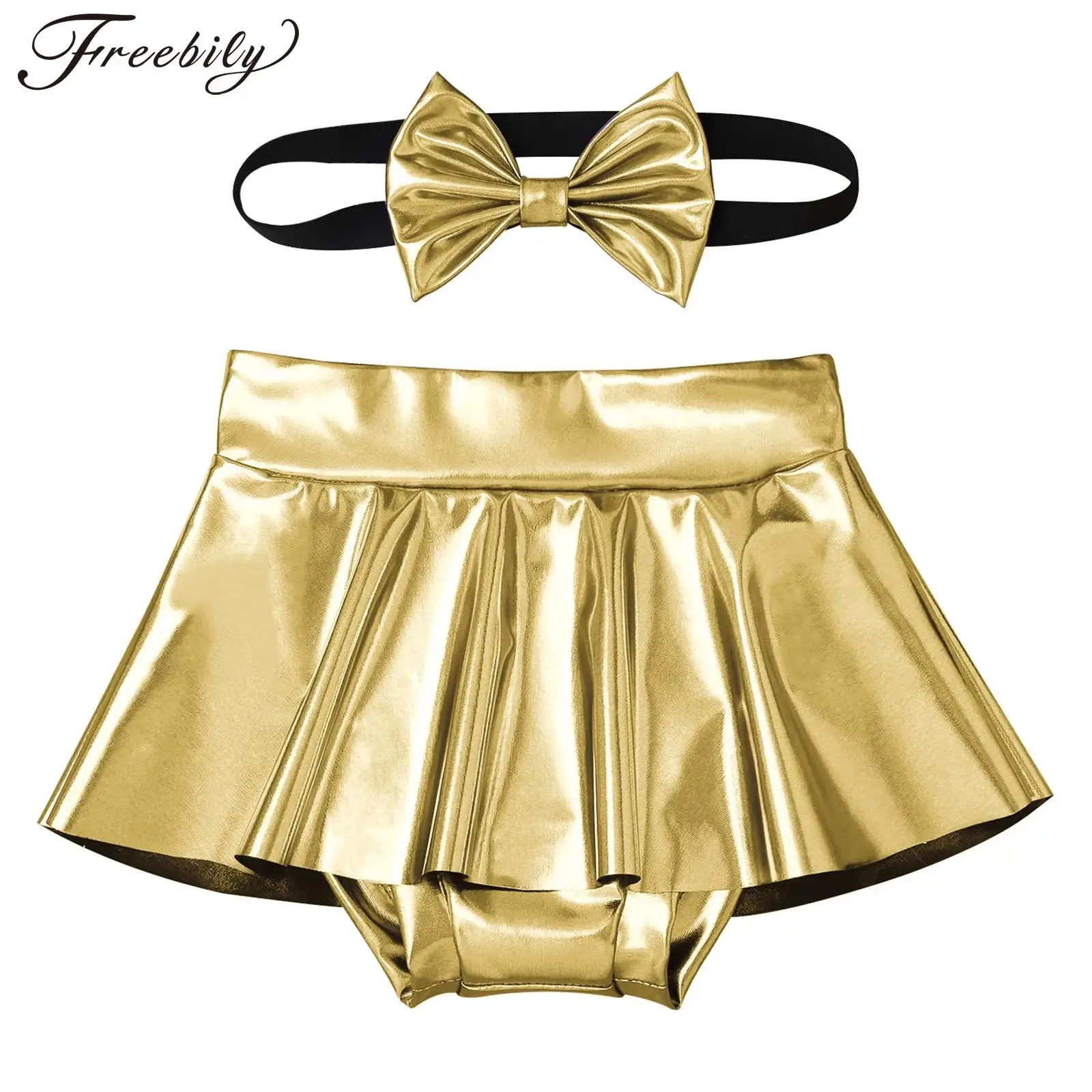 

Baby Girl Clothing Gloss PU Mini Skirts Metallic Diaper Cover Skirt with Bow Headband Banquet Birthday Party Photography Clothes