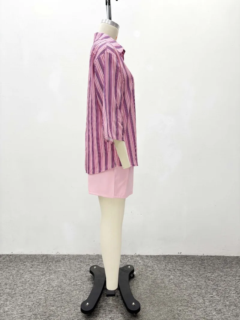 Gestreifte 2-teilige Outfits für Damen, übergroß, elegant, lockeres Kurzarm-Hemd mit Knöpfen und rosa Shorts, lässiges afrikanisches Mode-Sommer-Set – Detail 3