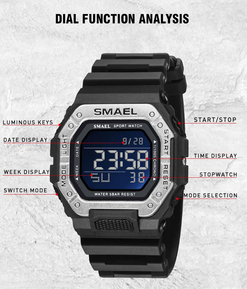 SMAEL 8059 Men's Digital Sport Watch - 50M Waterproof LED Backlight Alarm Chronograph Stopwatch Shock Resistant view 5