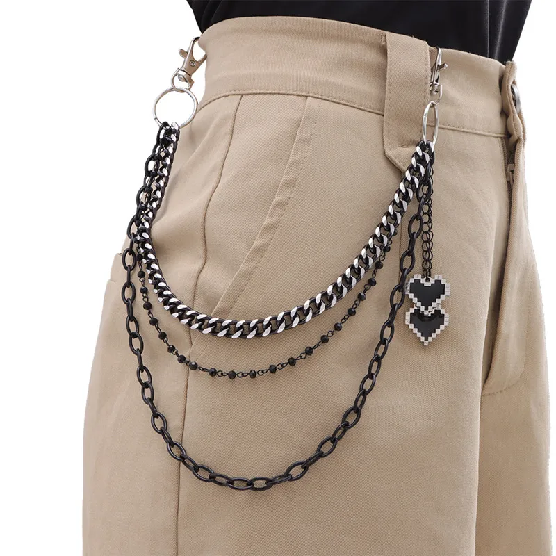 Legal rock hip hop preto amor pingente chaveiro calças jeans corrente masculina tendência multicamadas chaveiro festa jóias