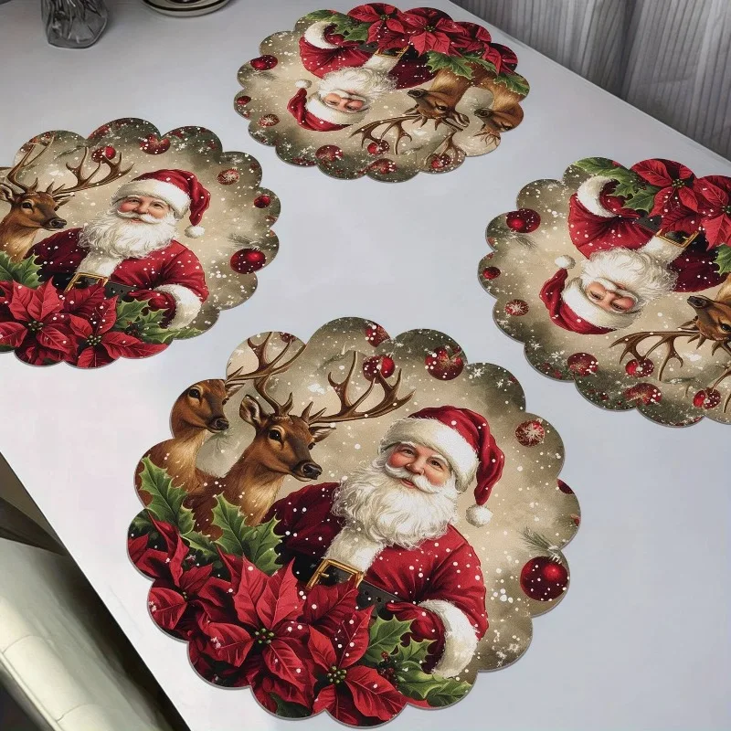 4PCS Christmas Placemats Non Slip Heat Resistant Circular Waves Design Winter Christmas Dining Wedding Party Table Decoration