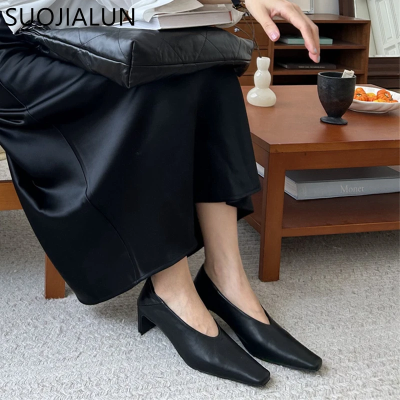 SUOJIALUN Autumn Women Pumps Shoes Fashion Shallow Slip On Ladies Eelgant Single Shoes Square High Heel Outdoor Dress Pumps