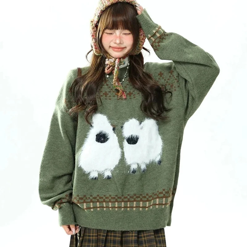 Women Cozy Sheep Sweater Cute Fluffy Animal Pattern Green Knit Pullover Oversized Long Sleeve O Neck Autumn Winter Top