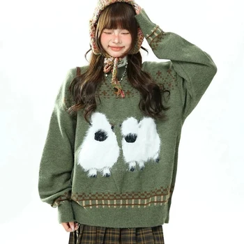 Women Cozy Sheep Sweater Cute Fluffy Animal Pattern Green Knit Pullover Oversized Long Sleeve O Neck Autumn Winter Top