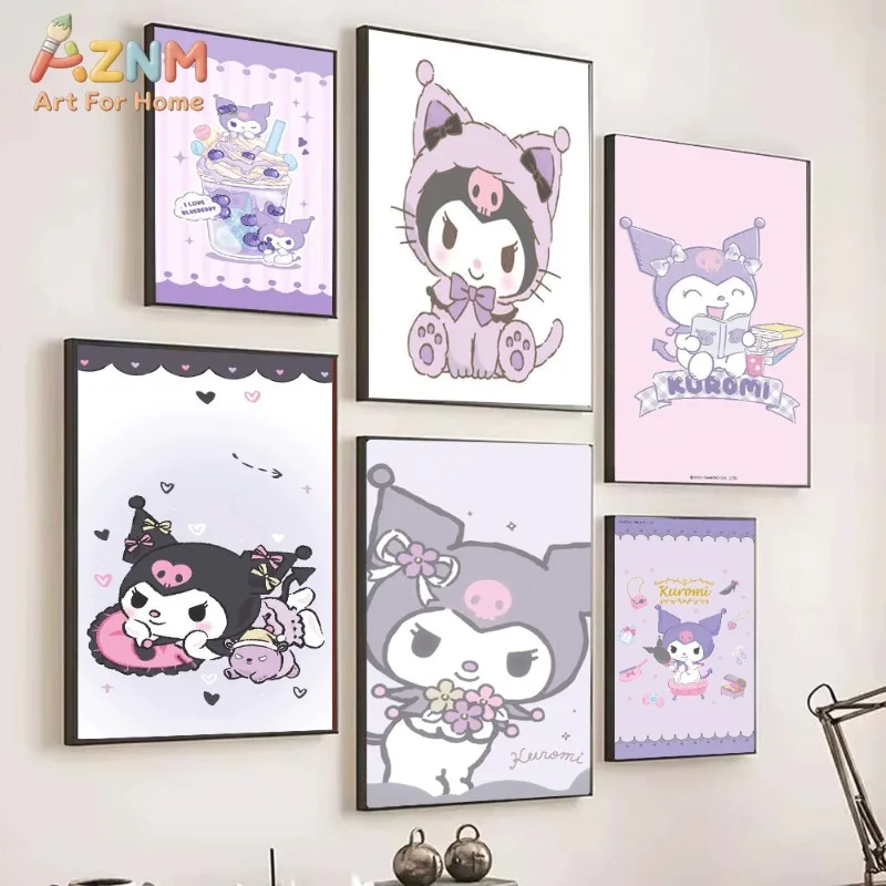 Sanrio Kuromi Canvas Wall Art Unframed Print Blueberry Ice Cream Drink Cute Cartoon Poster for Bedroom Dorm Home Interior Wall D