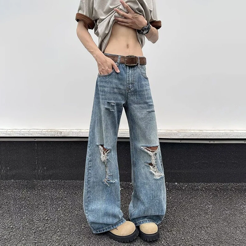 WTHT Moda Uomo Foro di Lavaggio Burr Edge High Street Pantaloni in Denim Vintage Stile Americano Jeans a Gamba Larga Maschile 2025 Estate 2A1217