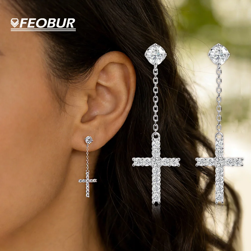 

FEOBUR 1,92 карата, серьги-капли с муассанитом и крестом для женщин, 100% стерлинговое серебро 925 пробы, висячие серьги с бриллиантами в лаборатории, ювелирные изделия в стиле хип-хоп