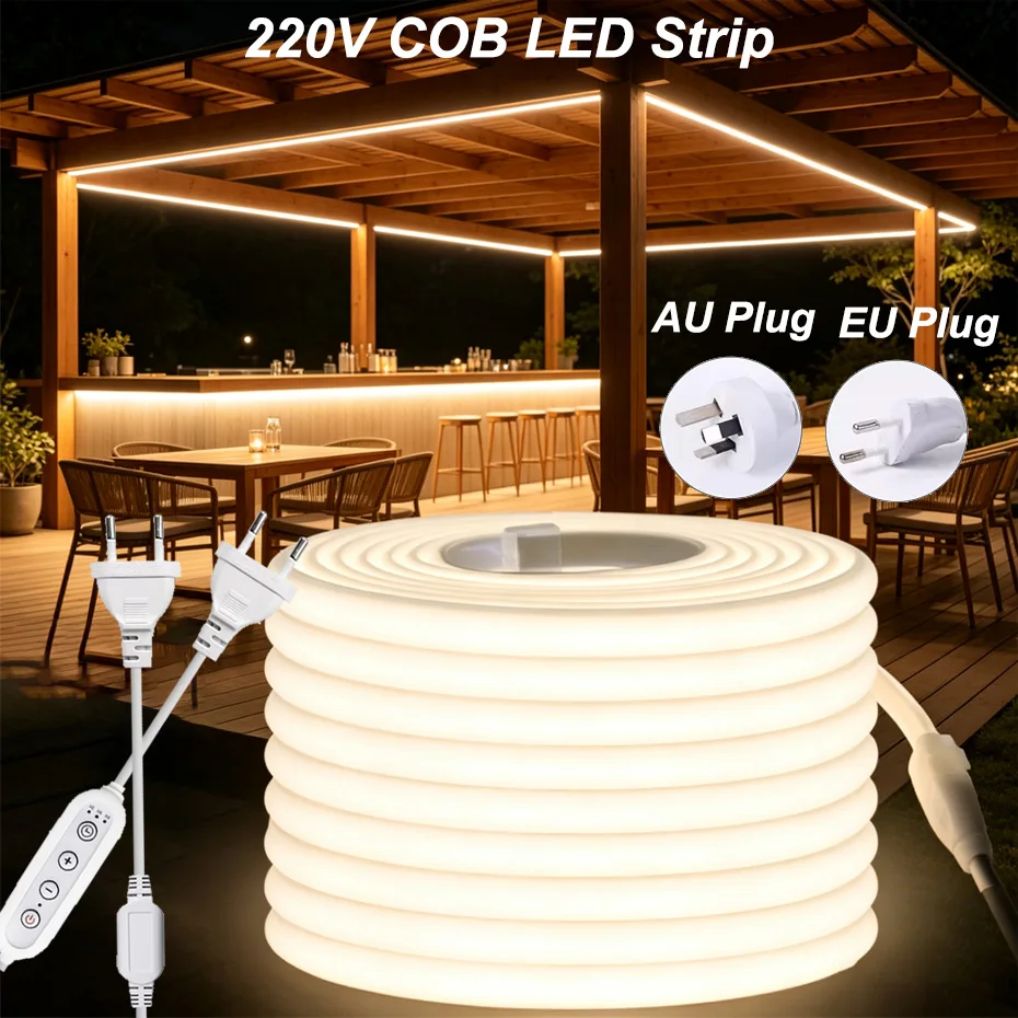 1m-25m 220V COB LED Neon Strip Light Waterproof with AU EU Switch/Dimmer Plug Cold Warm White Flexible Ribbon Tape Room Decor