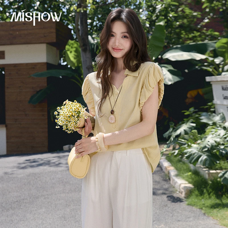

MISHOW Fashion Puff Sleeves Shirt 2026 Women's Summer Loose Slimming French Sweet Casual Breathable Solid Color Top MXF26X2676