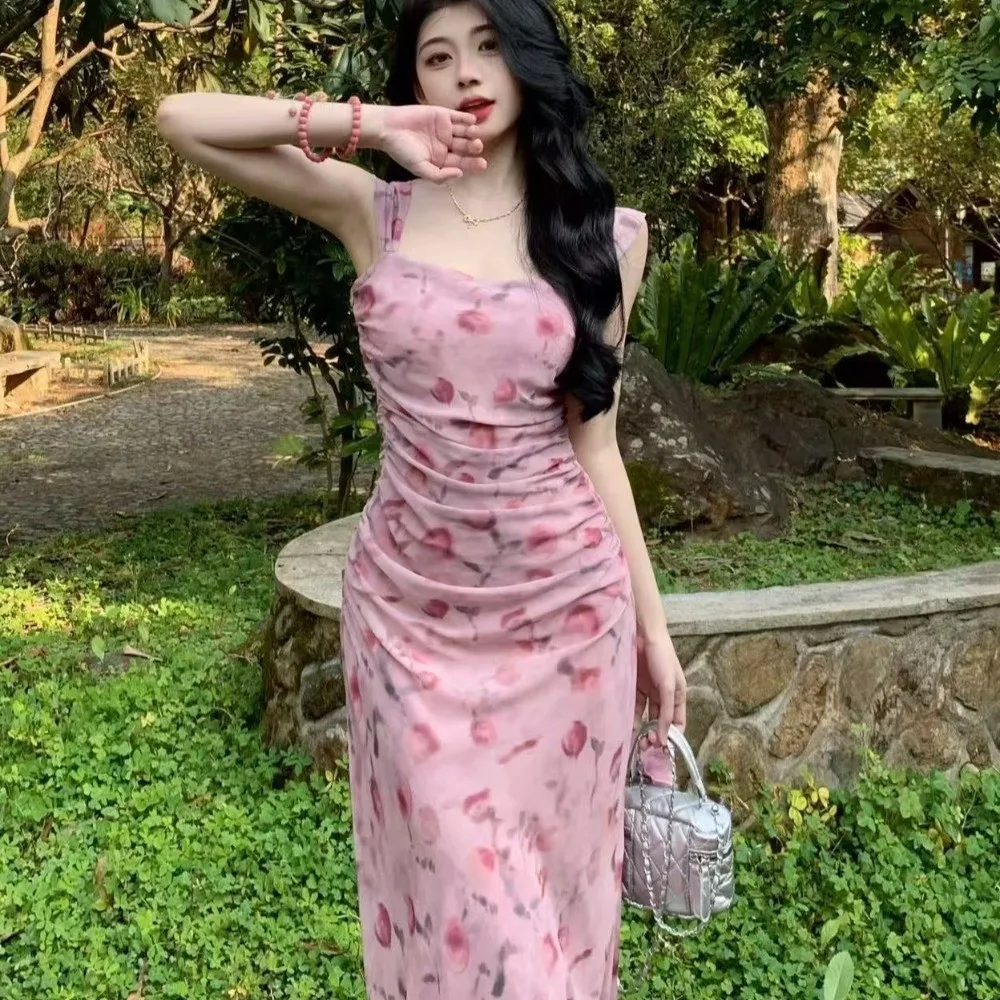 

Slim Fit Floral Slim Long Dress Flower Sleeveless Women Long Skirt Spicy Girl Streetwear Korean Camisole Dress Vacation Party