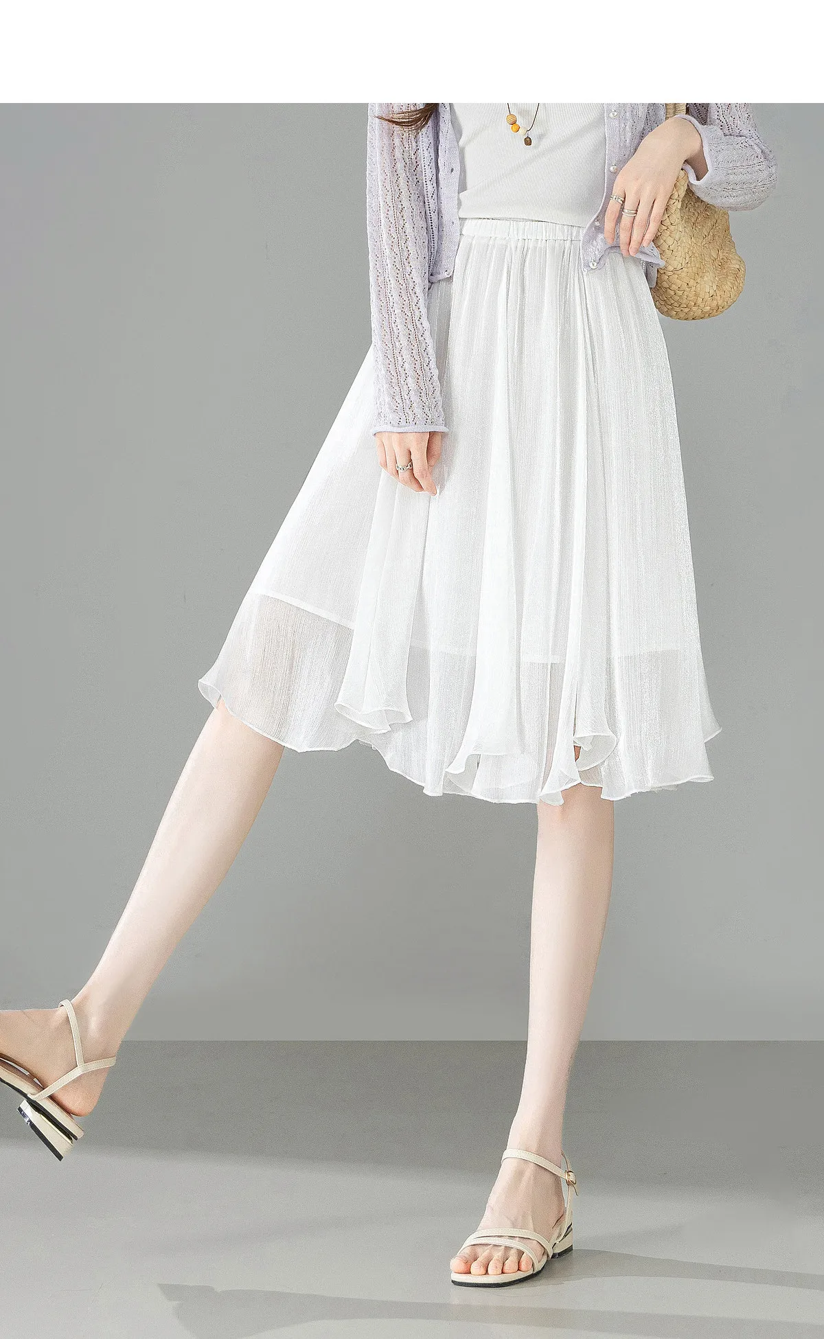 SENTUBILA Weißer Chiffon-Schimmerrock für Damen, Sommer 2026, Eleganter, Elastischer Bund, Unregelmäßiger, Lässiger Schirmrock Q62QG7308 – Detail 9