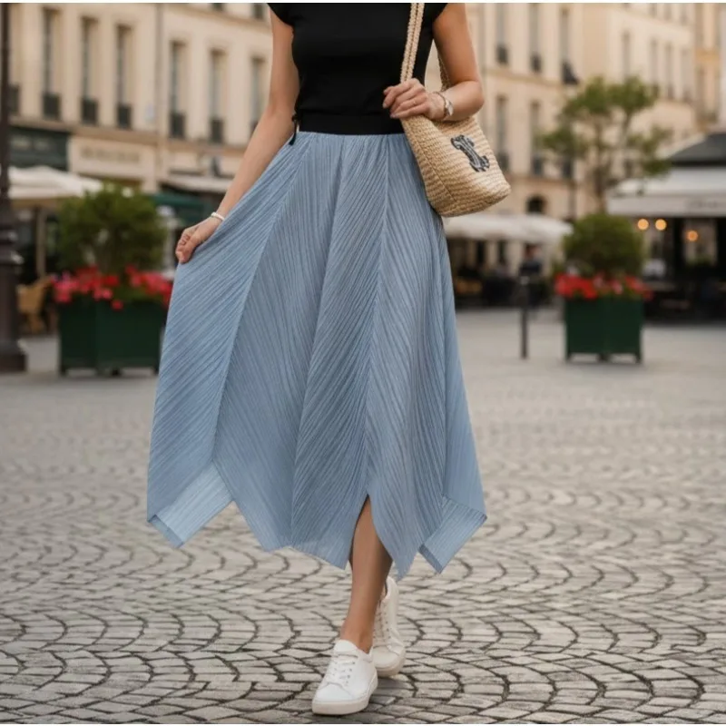 

Плиссированная юбка Miyake Plisse 2026, новинка весны, синяя юбка трапециевидной формы с неровным подолом и длинной секцией, нежная юбка Jupe