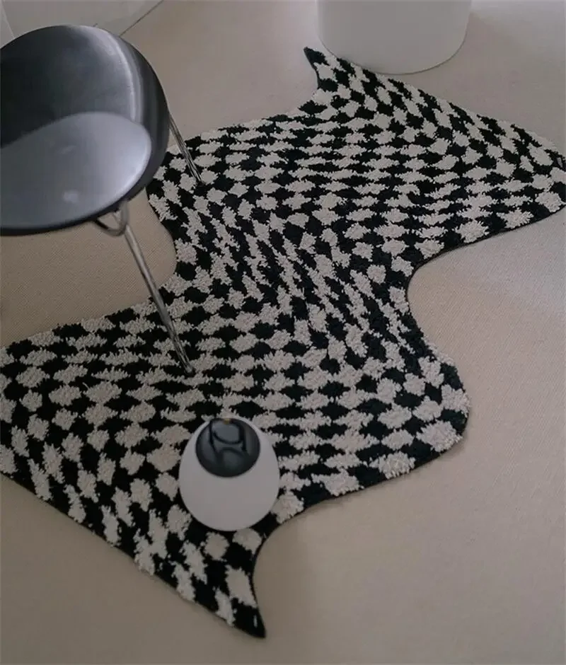 Long Irregular Retro Plaid Tufting Elongated Carpet S-shaped Waves Fluffy Soft Tufted Door Mat Rug  Absorbent Non-slip Foot Pad