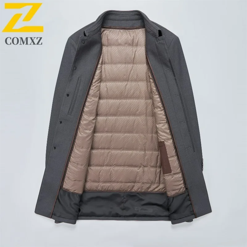 COMXZ Mens Long Down Jacket Premium Lapel Commute Office Lightweight Padded Jackets Detachable Inner Layer Comfort Winter Coat