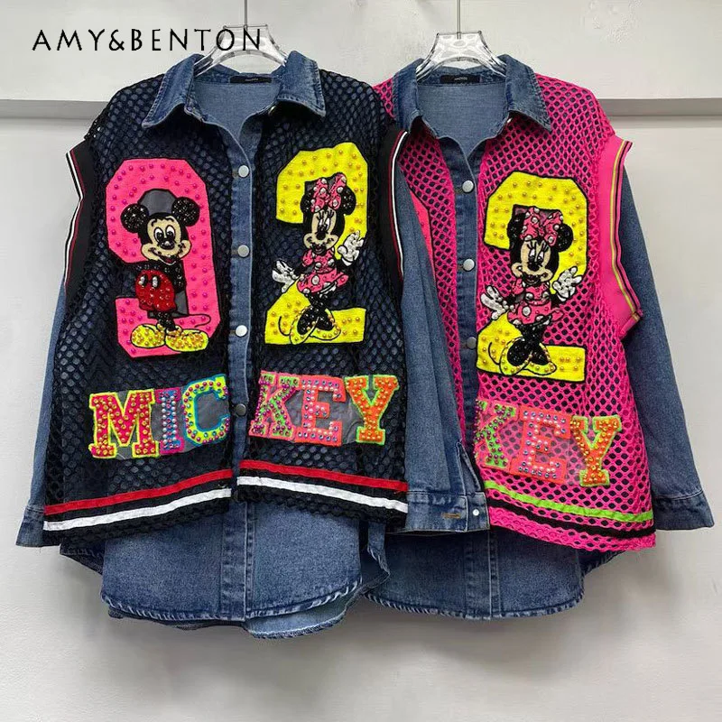 

2026 Spring Autumn Women's Kawaii Coat Heavy Embroidery Flower Knitted Patchwork Denim Casual Top Fashion Single-breasted Jacket