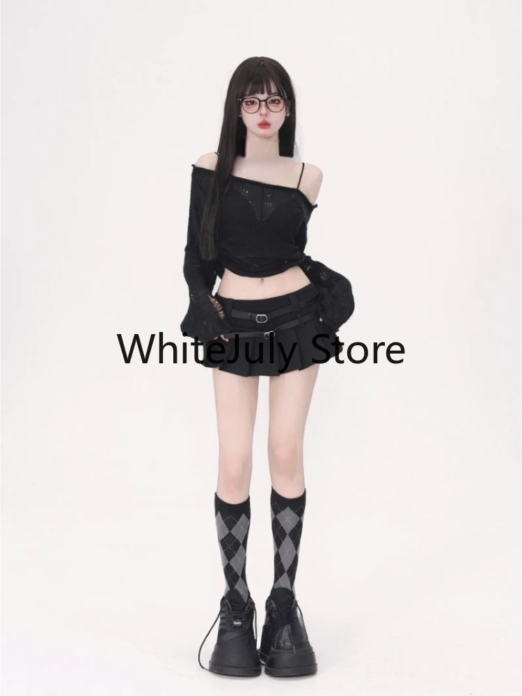 2024 Autumn Black 2 Piece Dress Set Women Casual Knitted Sweater + Y2k Mini Skirts Casual Knit Set Crop Tops Office Lady Korean