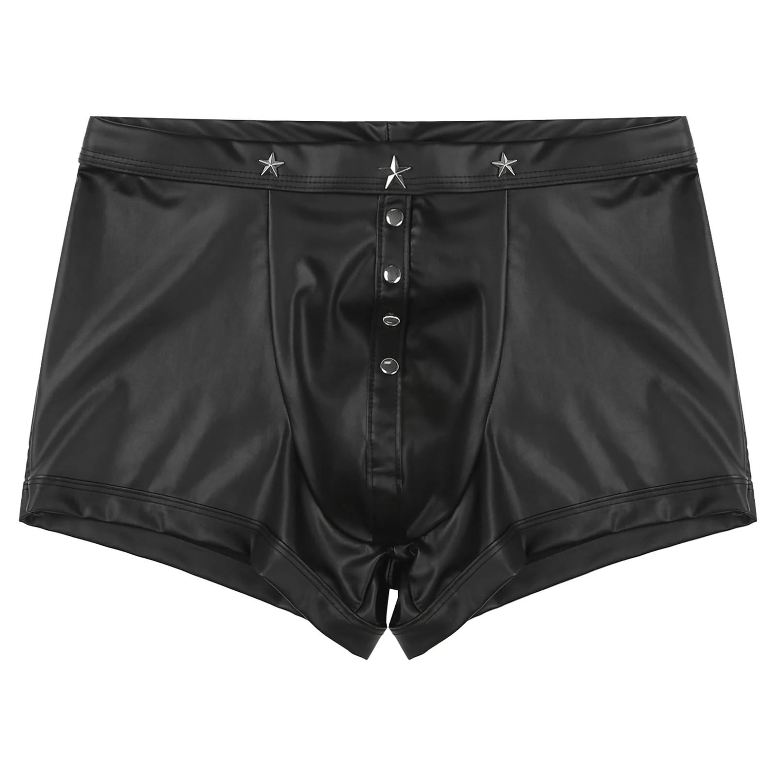 Men PU Leather Boxer Short Glossy Briefs Low Rise Stars Rivets Pouch Swim Trunks Underwear Tight Fitting Fun Underwear