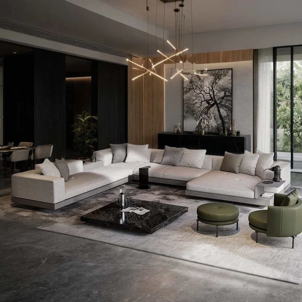 

Italian Minimalist Connolly Cotton and Linen Fabric High-end Straight Corner Sofa Living Room Designer Villa Large Floor Plan